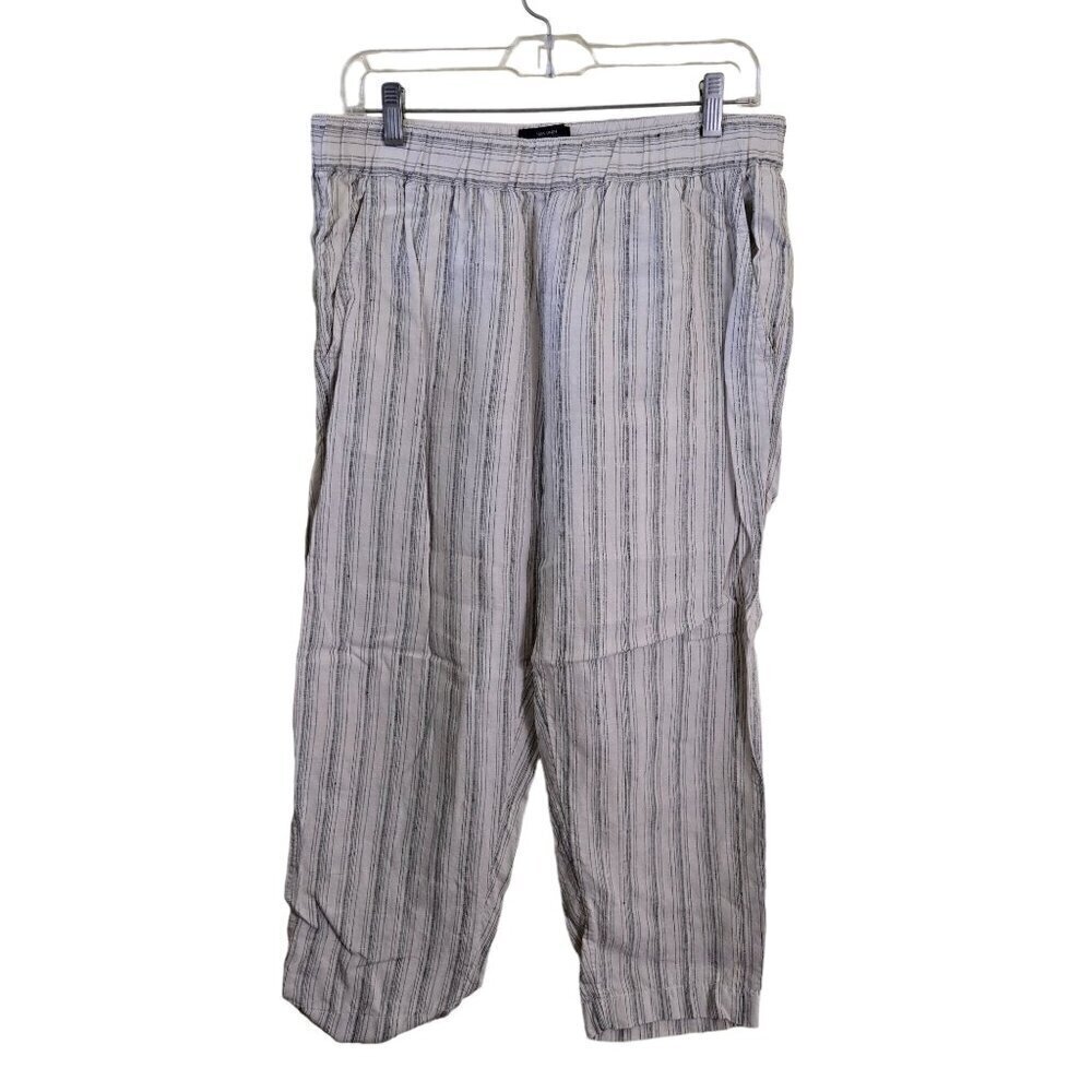 Tahari Cream Black Striped 100% Linen Pull On Pants Size M